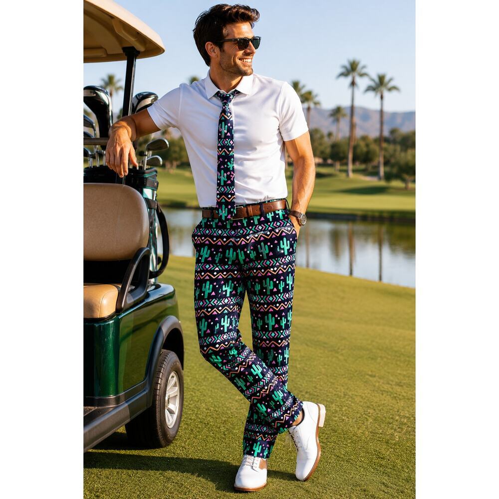 Shinesty Cactus Print Pants & Matching Tie Mens 31x32 Southwest Novelty Golf